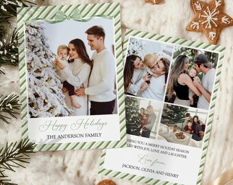Holiday Photo Card Template, Green Bow Stripe Christmas Card, Printabe Family Photo Christmas Card, EDITABLE Year In Review Holiday Card