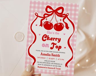 Cherry Baby Shower Invitation, Cherry on top Baby Shower Invite, Coquette Pink Bow Cherry,Girl Baby Shower, EDITABLE Template, Printable