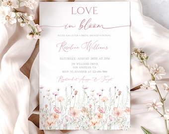 Wildflower Bridal Shower Invitation,Muted Pink Floral Bridal shower Invite EDITABLE Template,Love In Bloom Bridal Shower Invite,Printable