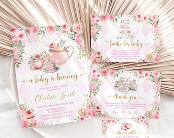 Tea Party Baby Shower Invitation Set, A baby Is Brewing Tea Party Invitation Bundle,Time For Tea With The Mom To Be Template,Floral Teapot