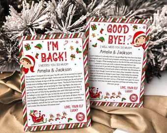 Conjunto de cartas de llegada y despedida de elfo, combinación de cartas de elfo navideño editables, actividades de elfo, carta de bienvenida de elfo, plantilla imprimible de saludo y adiós de elfo