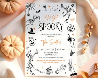 Halloween Party Invitation Template,Hand Drawn Adult Halloween Party Invite,Halloween Costume Party, Cocktails and Costumes,Skeleton,Spooky
