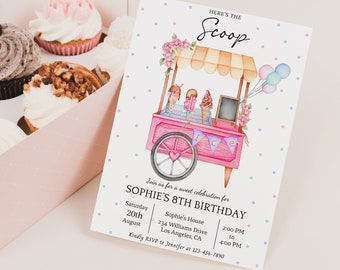 Invitación editable a la fiesta de cumpleaños del carrito del puesto de helado, aquí está la invitación a la fiesta de cumpleaños del helado Scoop, invitación a la fiesta del helado, verano dulce