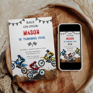 May include: A birthday invitation for a boy named Mason turning five. The invitation features a motocross theme with three dirt bikes and checkered flags. The text reads "Race on Over! Mason is Turning Five" and includes the date, time, address, and RSVP information.