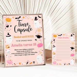 Pink Halloween 1st Birthday Ghost Time Capsule sign and letter EDITABLE Spooky One Spooktacular Halloween First Birthday Printable Download