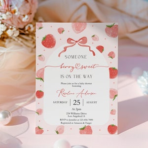 Strawberry Baby Shower Invitation,Editable Coquette Strawberry Baby Shower Invite,Berry Sweet Invitation, Blush Pink Strawberry Baby Shower