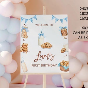 Cartello di benvenuto con latte e biscotti MODIFICABILE, modello di cartello di benvenuto per compleanno con un dolce biscotto, decorazioni per la festa del primo compleanno di un neonato blu, digitale