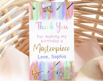 Art Birthday Party Thank You Tag Painting Party Label Gift Favor Tag Craft Rainbow Pastel Colorful Crayon Brush Download Editable PRINTABLE