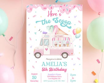 Ice Cream Truck Birthday Invitation,Ice Cream Social Party Here's the Scoop Invite,Pink Mint Purple Girl Birthday,Printable EditableDownload