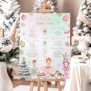 May include: A decorative sign on an easel, featuring a pastel design with snowflakes and illustrations of ballerinas, a Christmas tree, and a nutcracker. The sign includes the text "Charlotte's First Year" and details about the child, including her height of 30 inches and weight of 25 pounds.