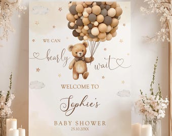 Letrero de bienvenida para baby shower con osito de peluche, póster para baby shower con temática de oso "Podemos esperar", letrero de género neutro, decoración para baby shower con forma de oreja