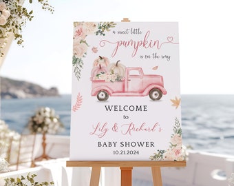 Letrero de bienvenida "Una pequeña calabaza en camino", editable, con diseño de camión rosa, estilo bohemio, floral, calabaza, para baby shower otoñal, imprimible, descarga instantánea.