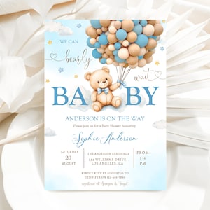 Invito baby shower orsetto di peluche, invito baby shower modificabile We Can Bearly Wait, modello di invito a tema orso mongolfiera boho orsetto di peluche