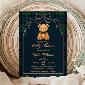 May include: Baby shower invitation with a navy blue and green plaid background. The invitation features a teddy bear illustration and gold text that reads "Baby Shower" and the honoree's name. The date and time are also included.