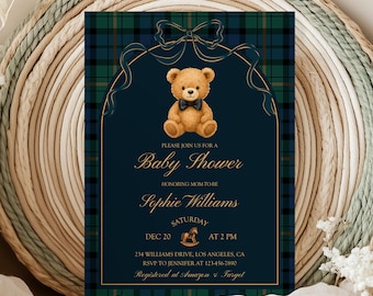 Polo Teddy Bear Baby Shower Invitation, EDITABLE Lauren Baby Shower Invite,Luxury Vintage Polo Gender Neutral Plaid,Tartan Equestrian