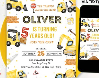 May include: Construction themed birthday party invitation with a yellow and black excavator, a yellow dump truck, and a yellow cement mixer. The invitation says "Oliver is turning 5 years old!" and includes the date and time of the party.