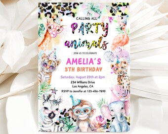 Invitación de cumpleaños para todos los animales de fiesta, editable, con estampado de leopardo, guepardo, arcoíris pastel, tigre, safari salvaje, animales del zoológico.