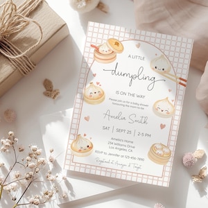 Knoedel babyshower uitnodiging, bewerkbare kleine knoedel babyshower uitnodiging, genderneutraal bao dim sum thema, schattig knoedelfeest, boho baby