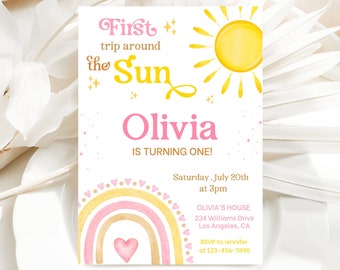 Pink First Trip Around the Sun Birthday Invitation, Editable pink Rainbow Boho Sunshine 1st Birthday Invite, Girl Sun Birthday Invite