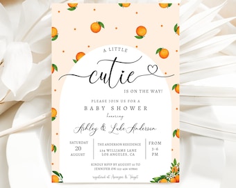 Editable A Little Cutie is on the Way baby shower Invitation,Orange Citrus Gender Neutral Couples Baby Shower Invite Template,Instant downld