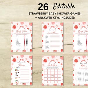 Erdbeer-Babypartyspiele Bundle, EDITIERBARE Erdbeer-Partyspiele Aktivität, Beeren-Baby-Vorhersage-Baby-Mädchen-Baby-Trivia-Verlosung, Digital