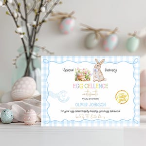 Certificat officiel de lapin de Pâques IMPRIMABLE, MODIFIABLE bleu du bureau du certificat de lettre de lapin de Pâques Prix du lapin de Pâques pour enfants