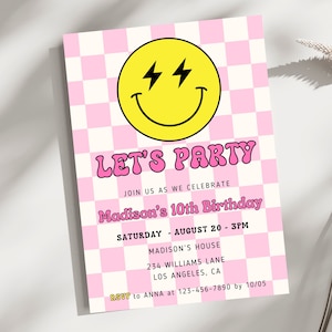 Smiley Face invite, Smiley Face Birthday Invitation, Pink Retro Checkerboard Theme, Preppy Smile Face, Modern Happy Invite, Invite for Girl image 2