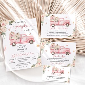 May include: A set of four printable cards for a baby shower. The cards feature a pink truck with pumpkins and fall foliage. The text on the cards reads "Sweet little pumpkin is on the way", "Books for baby", "Thank you", and "Diaper raffle".