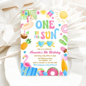 One In The Sun 1st Pool Birthday Party Invitation, EDITABLE Tropical Summer Splish Splash Girly Pool Party Invite Instant Download