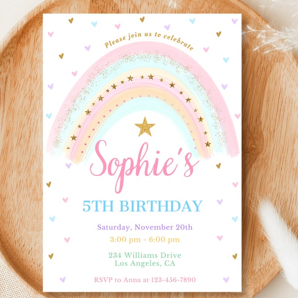 Rainbow Birthday Party Invitation, Colorful Pastel Rainbow Party Invite, Rainbow of Fun, Gold Stars Sprinkle Girl Editable, Rainbow Decor