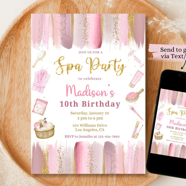 Spa Party Birthday Invitation, Spa Party Invite, Editable Pamper Party Invite Template, Tween Manicure & Pedicures Birthday,Glitz Glam Girls