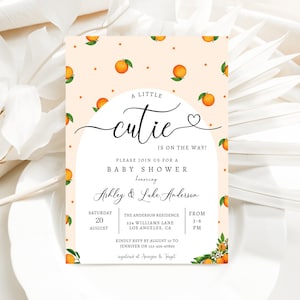 Editable A Little Cutie is on the Way baby shower Invitation,Orange Citrus Gender Neutral Couples Baby Shower Invite Template,Instant downld