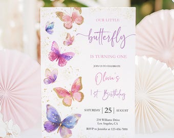 Schmetterling-Einladung zum Geburtstag: Pink-Lila Blumen, Gold-Glitzer (PDF)