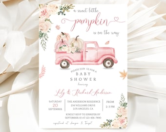 A Little Pumpkin is on the way Baby Shower Invitation,Pink Truck Fall Shower Invite Girl Autumn Boho Rustic Editable Printable Download