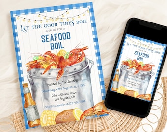 Bearbeitbare Partyeinladung zum Kochen der Meerestiere: Blaues Karodesign (Digital Invite), bearbeitbare und druckbare Canva-Vorlage