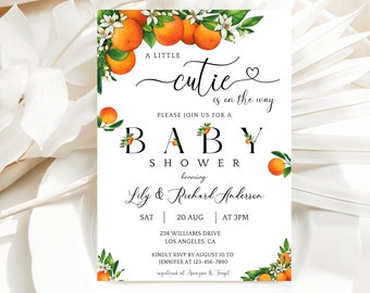 A Little Cutie is on the Way Baby Shower Invitation, Editable Gender Neutral Orange Baby Shower Invite, Clementine Set, Instant Download