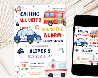 Emergency Vehicles Birthday Invitation: First Responders (Editable Canva Template)