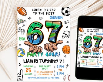6-7 Sports Birthday Invitation,Editable Meme Trending Six Seven Party Invite, Bruh,Boy Gaming Birthday,Kids Birthday Digital Invite Graffiti
