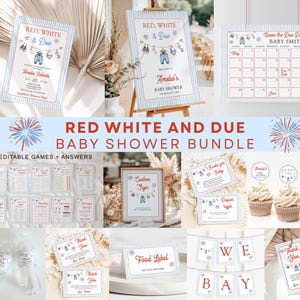 May include: A baby shower bundle with a red, white, and blue theme. The bundle includes invitations, games, a calendar, cupcake toppers, and other decorations. The text includes "Red, White & Due" and "Baby Shower".