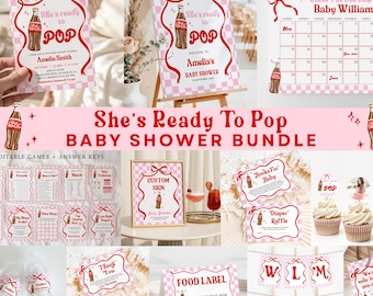 She's Ready to Pop Baby Shower Bundle, Red Pink Bow Soda Pop Theme, Cola Soda Pop Girl Baby Shower EDITABLE Canva Templates, Printable