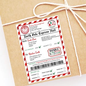 May include: A brown package tied with twine, featuring a red and white "North Pole Express Mail" label. The label includes text such as "From: Santa Claus" and "To: Roseline Smith", along with a checklist and a barcode.