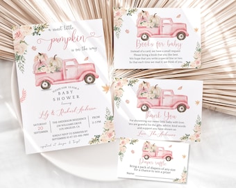 A Little Pumpkin is on the way Baby Shower Invitation Set,Pink Truck Fall Shower Invite Girl Autumn Boho Rustic Editable Printable Download