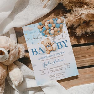 Teddy Bear Blue Baby Shower Invitation,We can bearly wait baby shower invite,Hot Air Balloon Theme Bear Baby Shower Invite,Boy Baby Shower