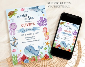 Under The Sea Birthday Invitation, Ocean Animals Whale Shark Party Invite, Nautical Any Age Kids Template, Magical Sea, Editable Evite