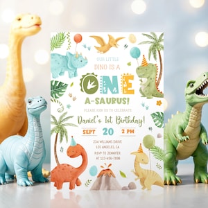 May include: A colorful dinosaur-themed first birthday party invitation with a green, orange, and blue dinosaur illustration. The invitation reads "Our little dino is a one-a-saurus!" and includes the text "Daniel's 1st Birthday!" with the date and time of the party.