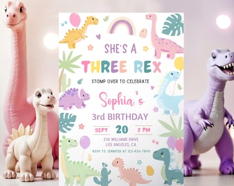 Pastel Dinosaur Birthday Invitation,Girl Three Rex Party EDITABLE Template, Cute Dino Pink Template,Girl Dinosaur Party Invite, Printable