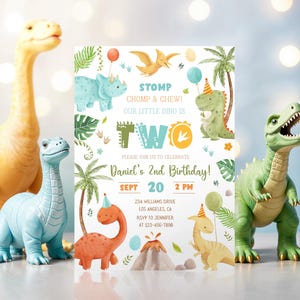 Invito di compleanno a forma di dinosauro, invito per festa di compleanno di 2° compleanno di dinosauro MODIFICABILE, invito a due dinosauri Rex, festa di compleanno di 2° compleanno per bambini con dinosauri, download stampabile