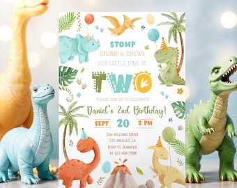 Faire-part d'anniversaire dinosaure, 2e anniversaire dinosaure MODIFIABLE, inviter deux dinosaures Rex, 2e anniversaire garçon dinosaure, imprimableDwnlod