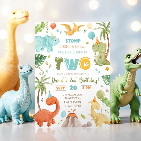 Invitación de cumpleaños de dinosaurio para 2.º cumpleaños, plantilla de invitación de cumpleaños de dos dinosaurios Rex, invitación de cumpleaños de dinosaurio editable, dinosaurio niño, imprimible