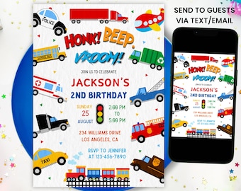 Transportation Birthday Invitation,EDITABLE Honk Beep vroom Choo Choo Train Truck Birthday Invite,Cars Birthday Invite,Truck & Cars Birthday